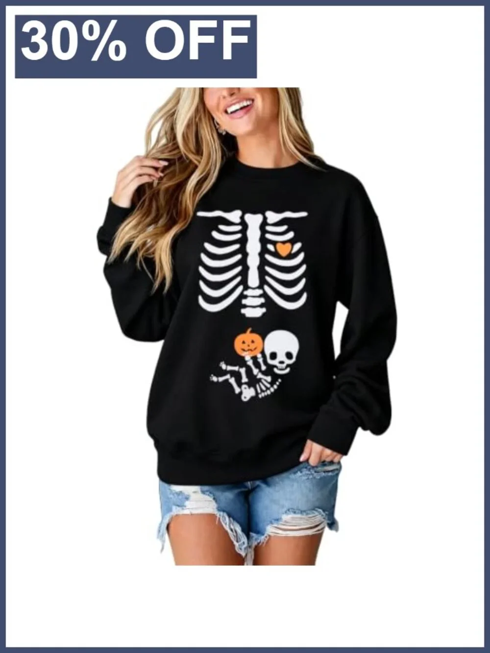 Maternity Halloween Sweatshirt Skeleton Pattern Cotton Blend Pullover